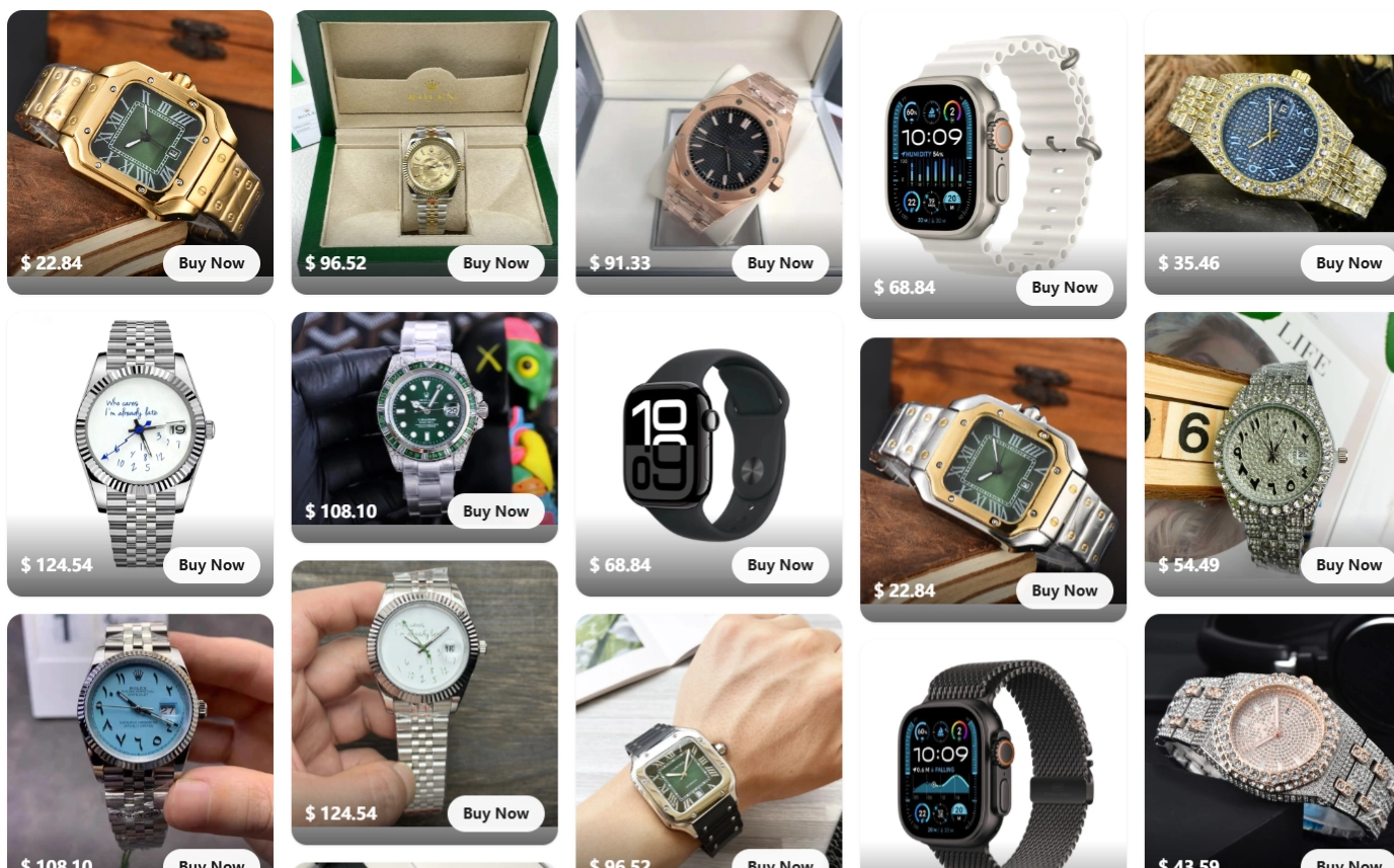 Hipobuy watch spreadsheet showing a selection of watch listings and product styles