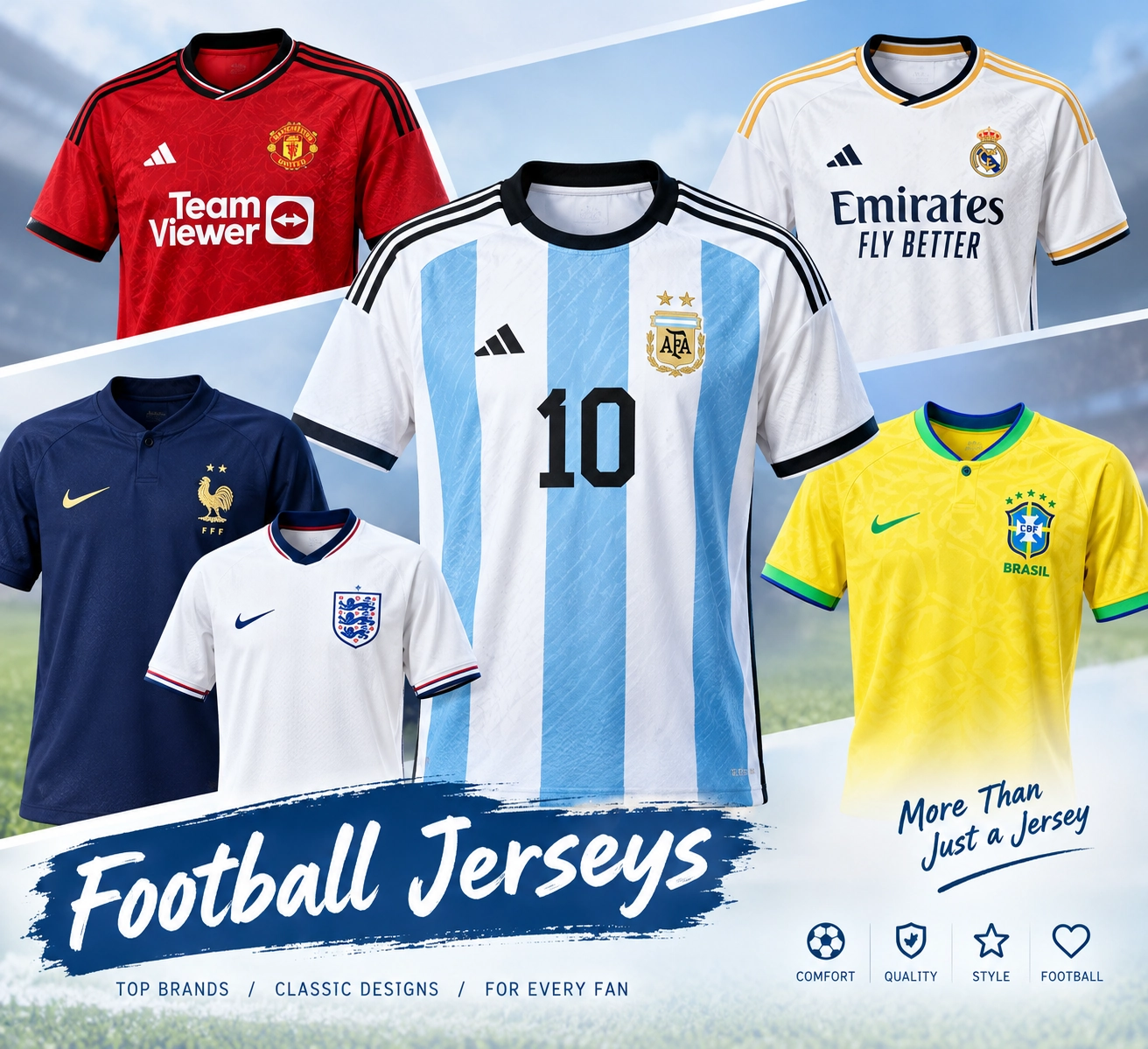 Football jersey styles collage showing different soccer shirts, designs, and product details for comparison